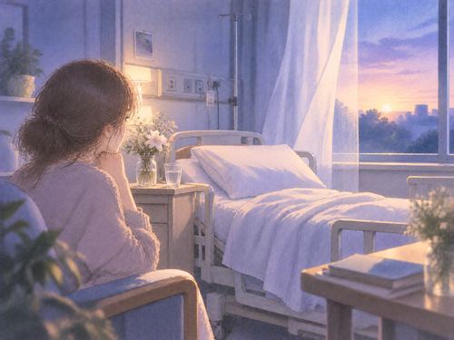 静かな病室の空のベッドと開いた窓から朝に近い淡い光が差す場面