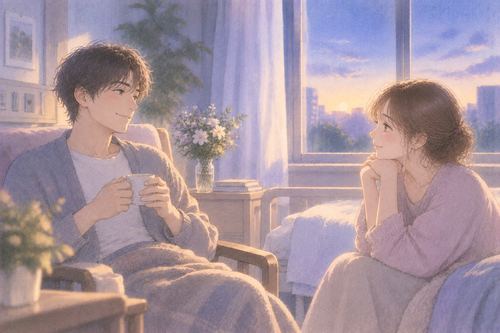 夜明け前の部屋で元気そうに椅子に座る人とほっとした表情の女性
