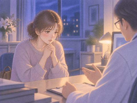 夜の診察室で説明を受け不安そうに手を組む女性