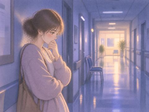 夜の病院の廊下で説明を受けたあと一人立ち止まる女性