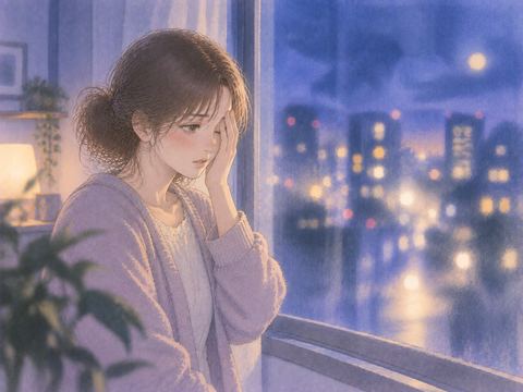 夜の窓辺で片目を押さえぼやけた街明かりを見る女性