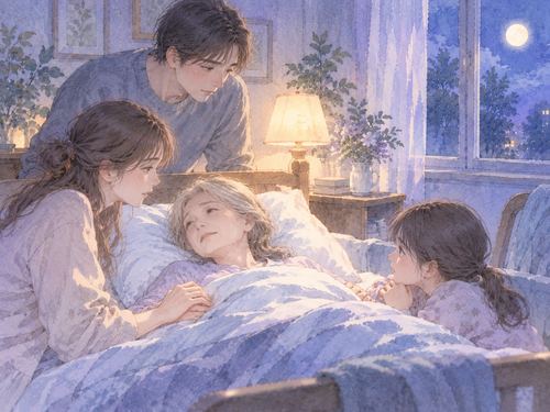 夜の部屋でベッドにいる家族を数人が心配そうに見守る場面