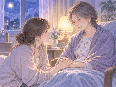 夜の部屋で椅子に座る母親の手を大人の娘がそっと握る場面