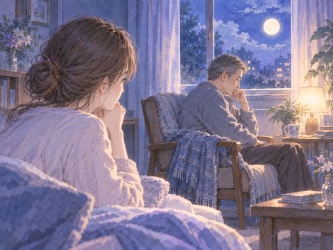 夜の窓辺で座る父親を少し離れた場所から心配そうに見る大人の女性