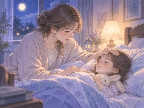 夜のベッドで休む子供の額に大人がそっと手を添える場面