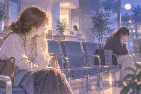 夜の待合室で離れて座る友人を心配そうに見つめる女性