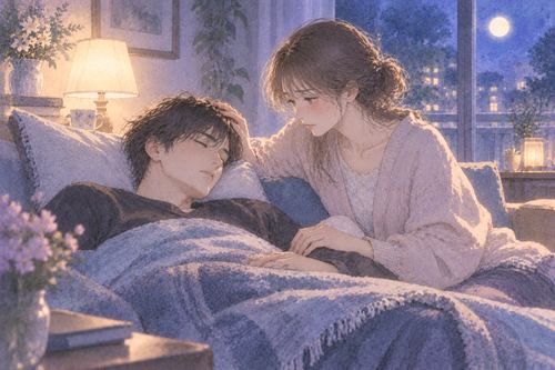 夜の部屋で休む男性のそばに座り手を添える女性