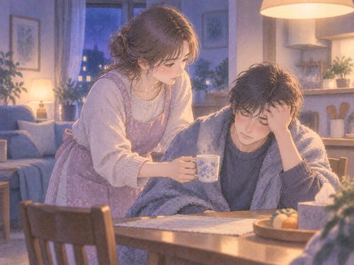 夜の食卓近くで休む配偶者に飲み物を差し出す女性