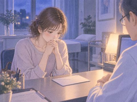 夜の診察室で封筒を前に緊張して座る女性