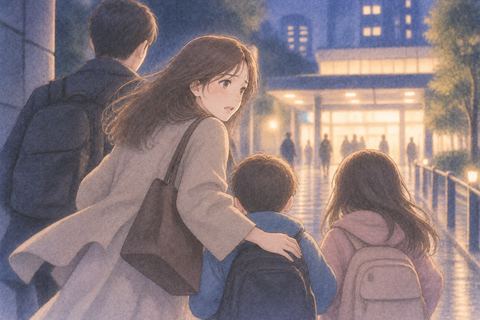家族と寄り添い安全な場所へ向かう女性