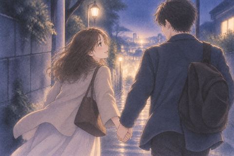夜道で手を取り合う恋人同士