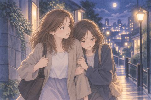 夜道で支え合いながら進む友達二人