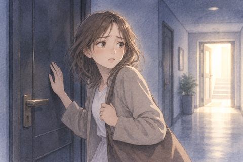 閉じた扉の前で出口を探す女性