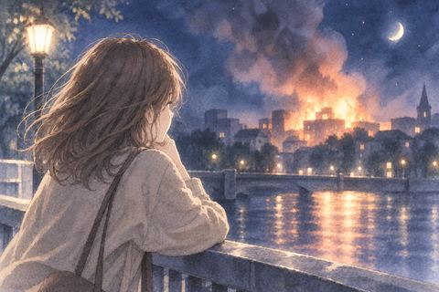 遠くの建物の炎を見つめる女性