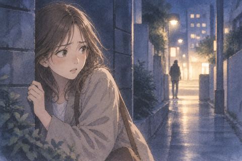 物陰から安全な出口を探す女性