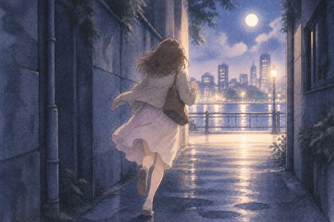 暗い路地から明るい道へ走る女性