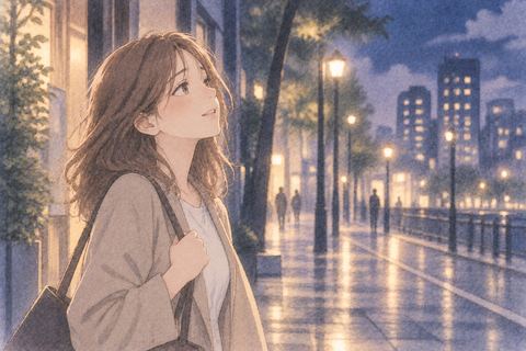 明るくなった街角で安堵する女性