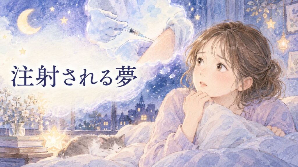 注射器を見つめる大人の女性と夢の光景