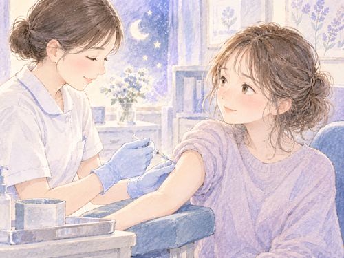 看護師から穏やかに注射を受ける女性