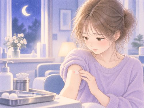 注射後の腕を静かに見つめる女性