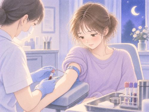 採血を受けながら腕を見つめる女性