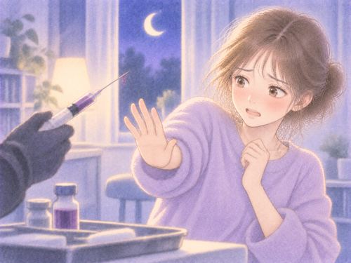 怪しい注射器を前に拒む姿勢の女性