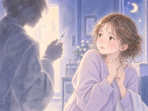 見知らぬ人物と注射器に身構える女性