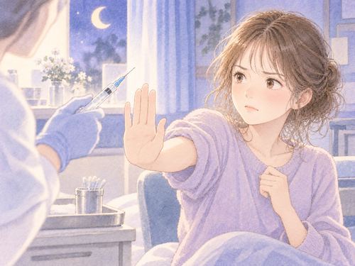 注射器に手のひらを向けて断る女性