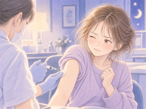 注射の瞬間に顔を少ししかめる女性