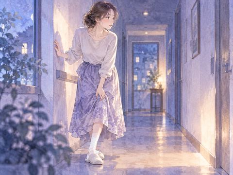 足に包帯を巻き立ち止まる女性