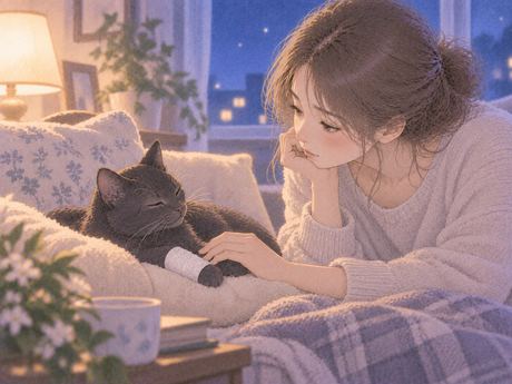 前足に包帯をした猫を見守る女性