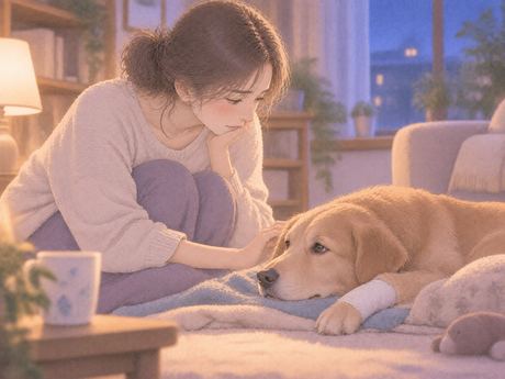 前脚に包帯をした犬を見守る女性