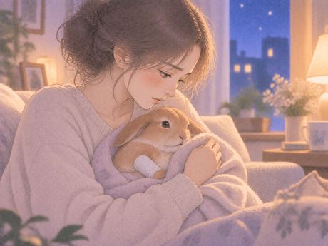 包帯をした小さなペットを抱く女性