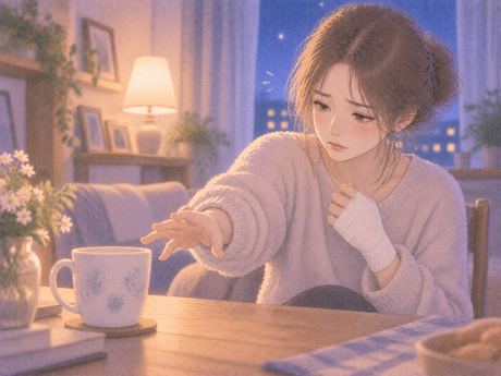 包帯をした手で物を持てず困る女性