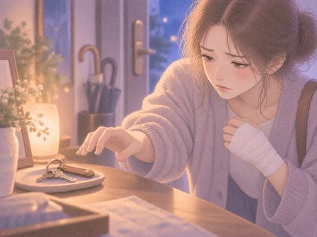 手の甲を包帯で覆った女性の手元