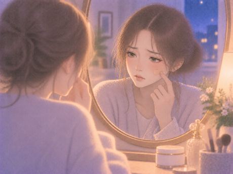 頬に小さな絆創膏を貼り鏡を見る女性