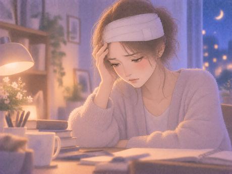 頭に包帯を巻き考え込む女性