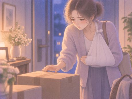 腕を布で支え物を持てない女性