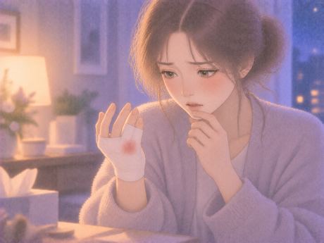 手の包帯に淡い赤がにじみ驚く女性