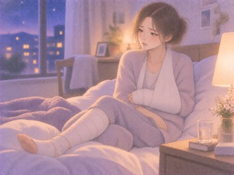 複数の包帯を巻き休んでいる女性