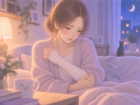 包帯をした腕をかばう女性