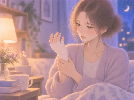 包帯をした手を不思議そうに見る女性