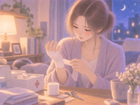 自分の手に包帯を巻く女性