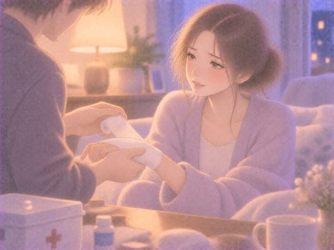 包帯を巻いてもらい安心する女性
