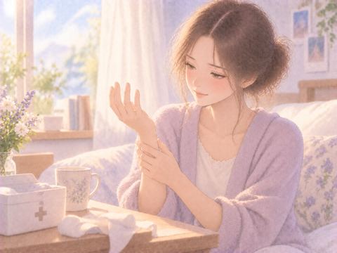 包帯が外れた手を見て安心する女性