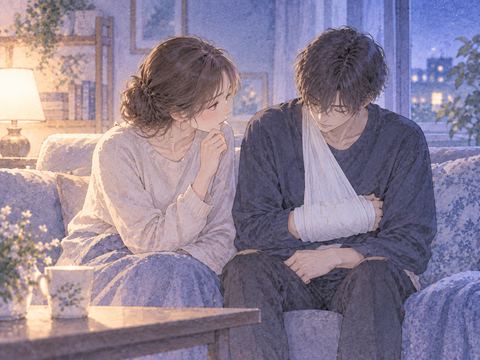 包帯をした大切な人に寄り添う女性