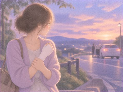 遠くの車と包帯をした腕を見つめる女性