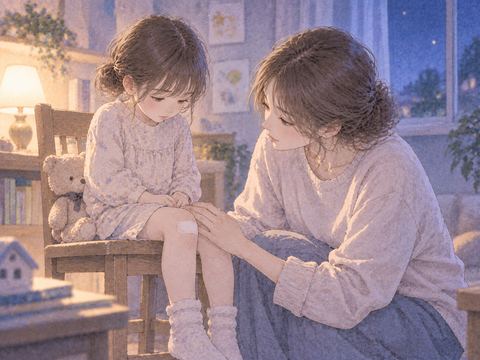 膝に包帯をした子供を見守る女性