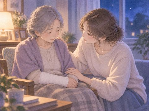 包帯をした親を気遣う成人女性