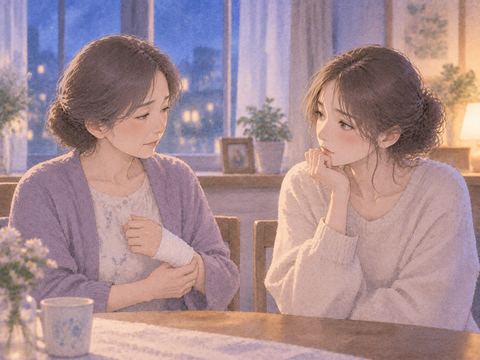 包帯をした母親を見つめる娘